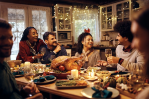 Family enjoying Thanksgiving dinner at the table